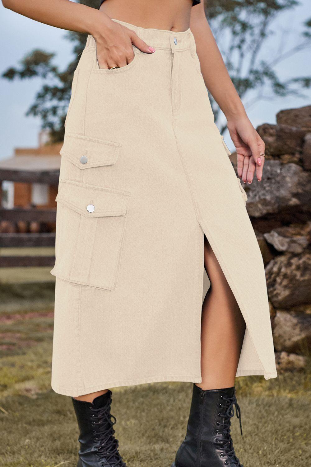 Slit Front Midi Denim Skirt with Pockets Carauana Store