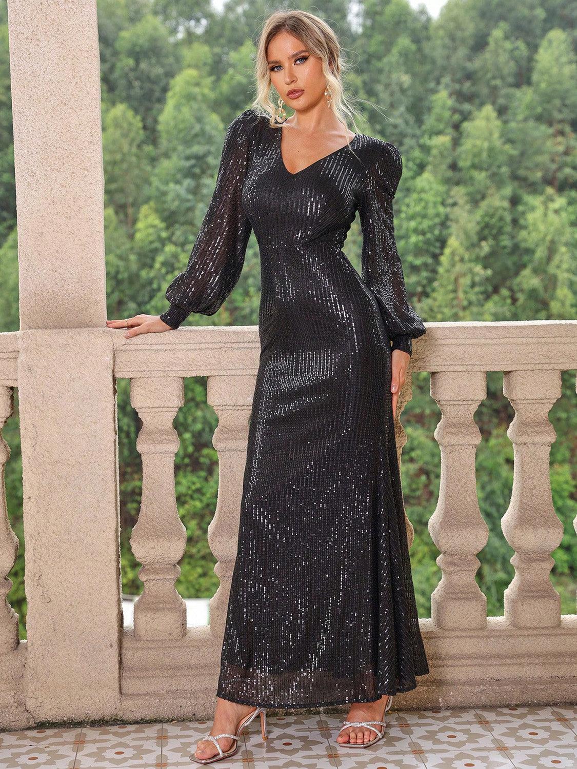Sequin V-Neck Lantern Sleeve Maxi Dress Carauana Store