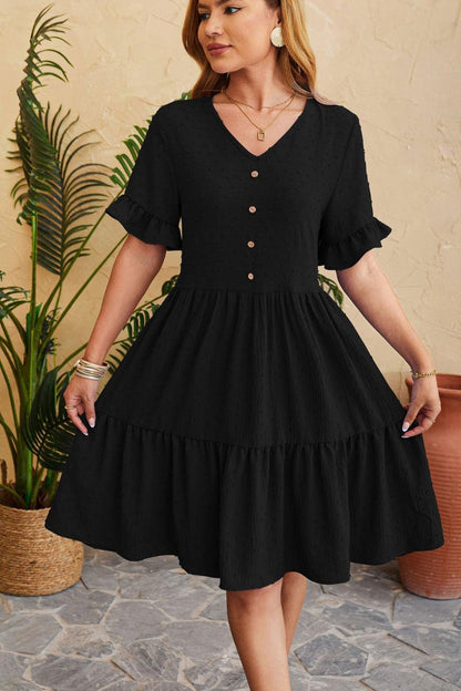 Swiss Dot Ruffled V-Neck Tiered Dress Carauana Store