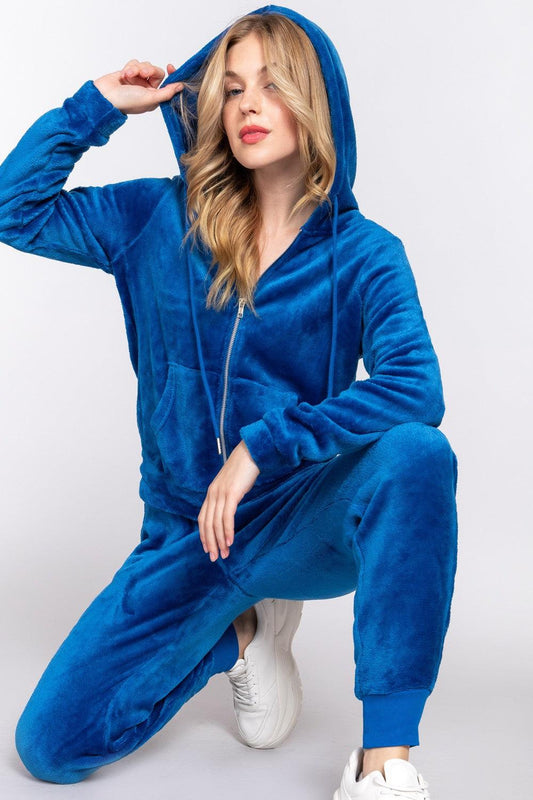 ACTIVE BASIC Faux Fur Zip Up Long Sleeve Hoodie and Joggers Set Carauana Store