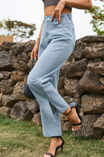 High Waist Loose Fit Ankle Slit Jeans Carauana Store