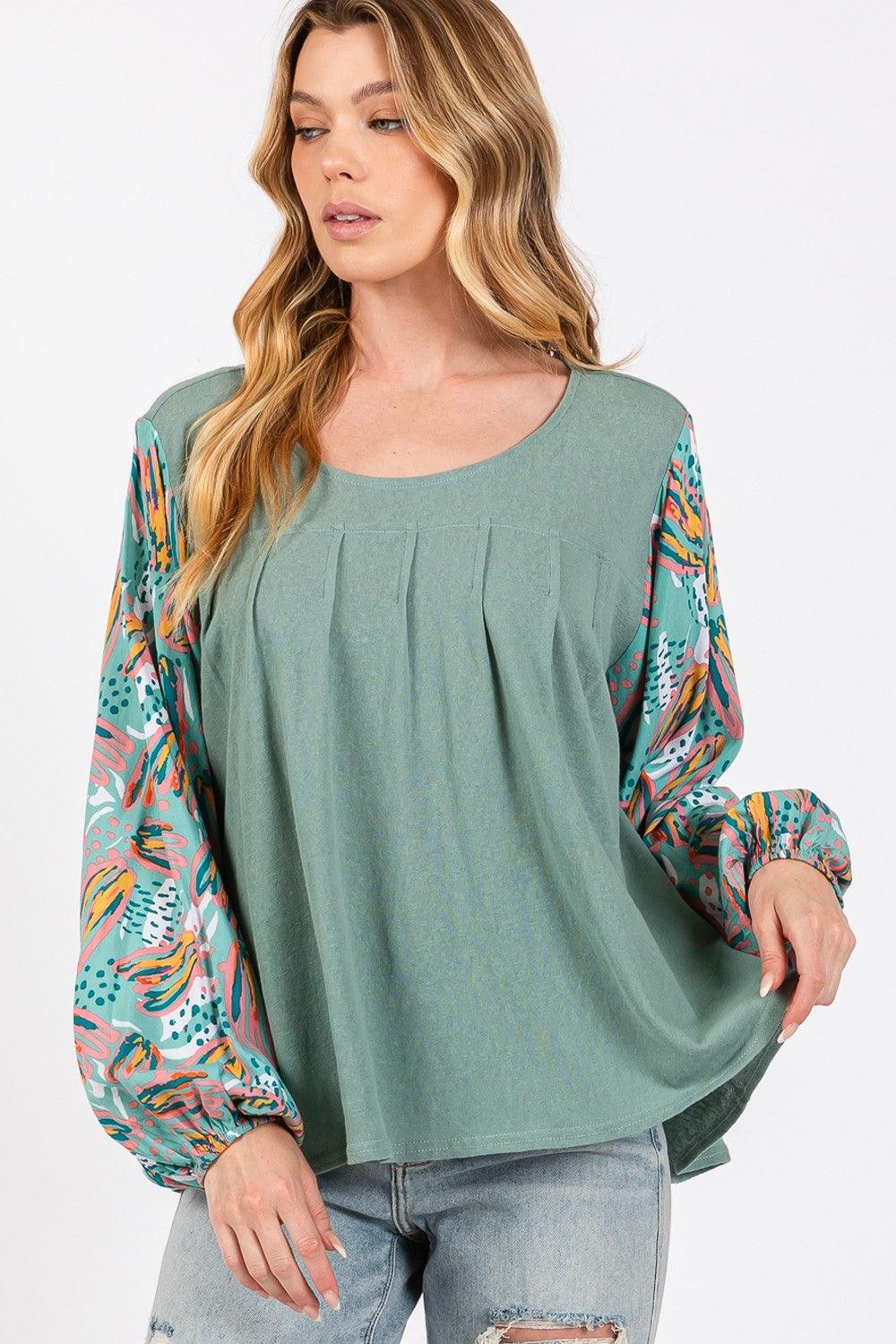 SAGE + FIG Ruched Round Neck Printed Bubble Sleeve Top Carauana Store