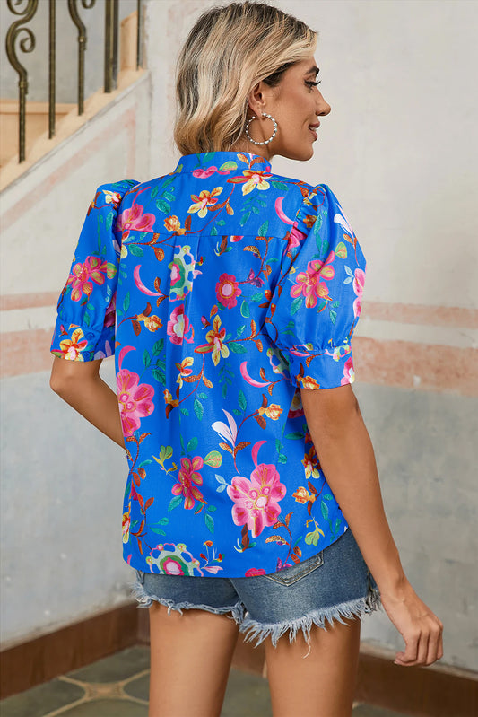 Blue Floral Short Puff Sleeve Button Up Shirt