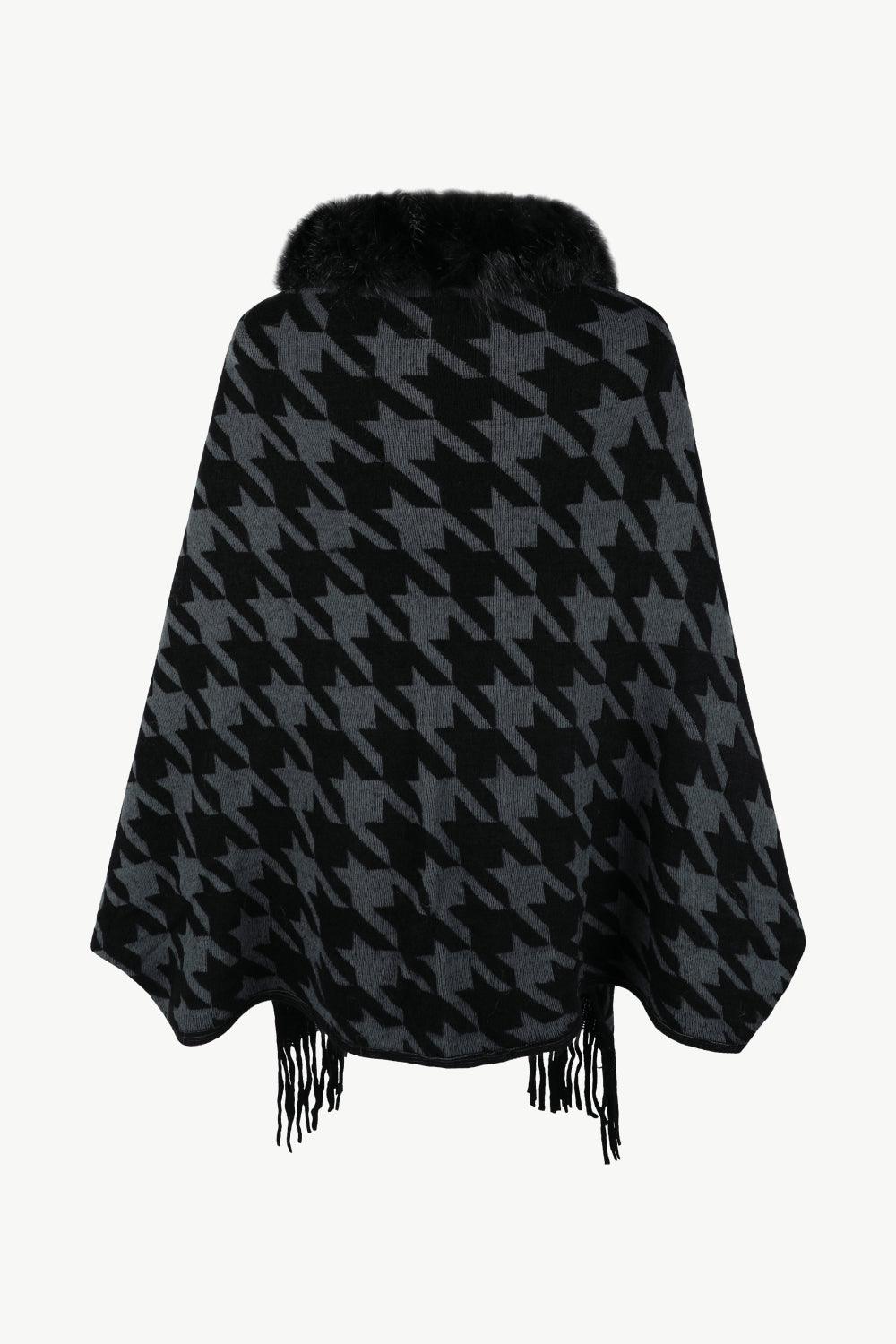 Houndstooth Fringe Hem Poncho Carauana Store