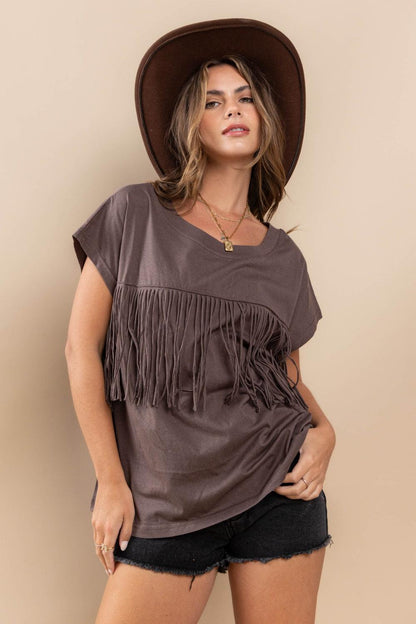Ces Femme Fringe Detail Round Neck Short Sleeve Top Carauana Store