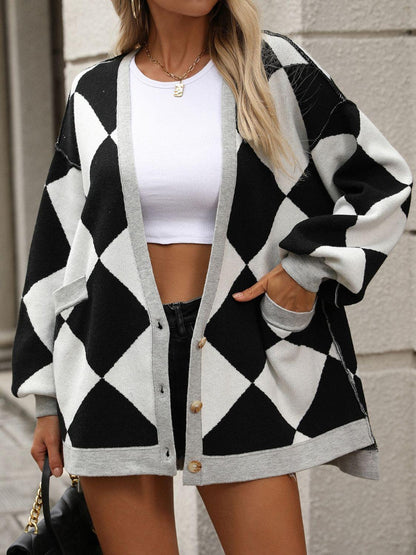 Checkered Dropped Shoulder Long Sleeve Cardigan CaRaUaNa Fashion