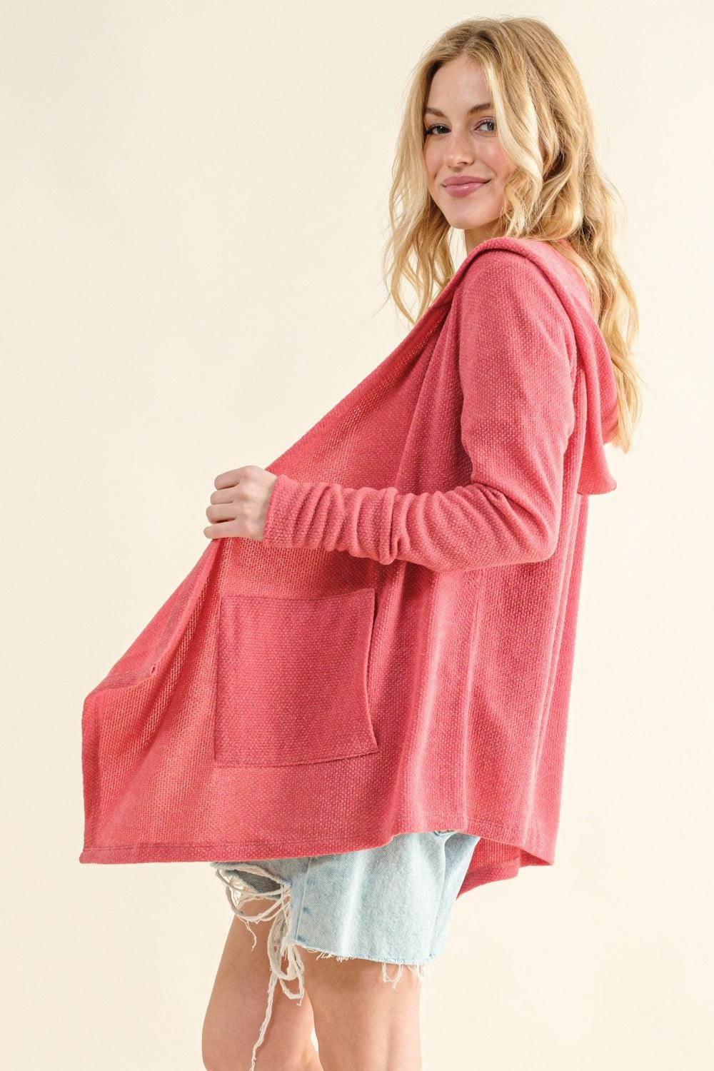 And The Why Full Size Thermal Hooded Open Front Cardigan with Pockets Carauana Store
