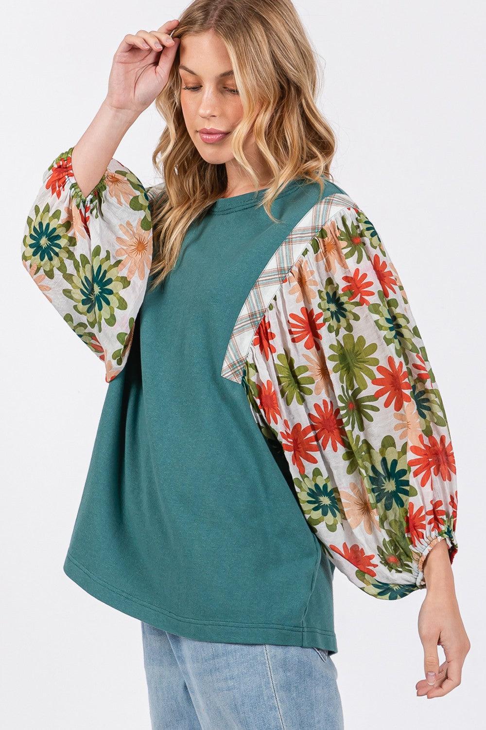 SAGE + FIG Full Size Printed Balloon Sleeve Contrast Top Carauana Store
