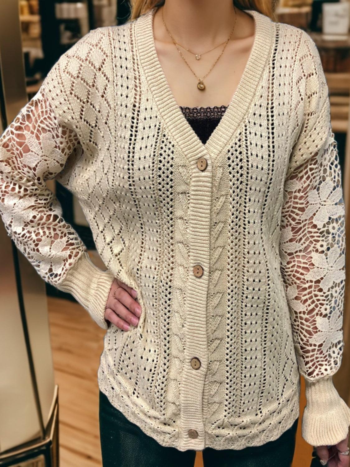 Eyelet Button Up Lantern Sleeve Cardigan Carauana Store