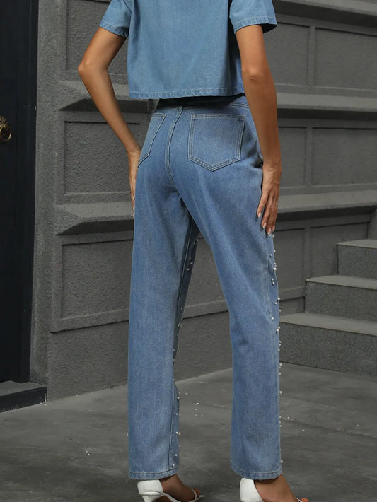 Pearl Detail Straight Jeans with Pockets Carauana Store