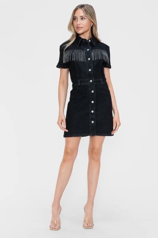 bytos Full Size Embellished Button Down Short Sleeve Denim Dress Carauana Store