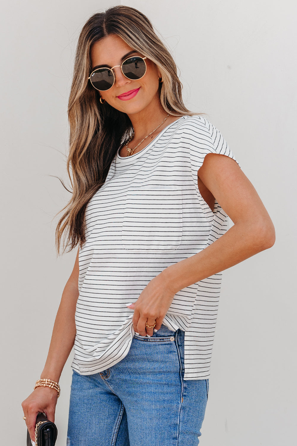 White Stripe Cap Sleeve Crew Neck Casual Tee with Chest Pocket