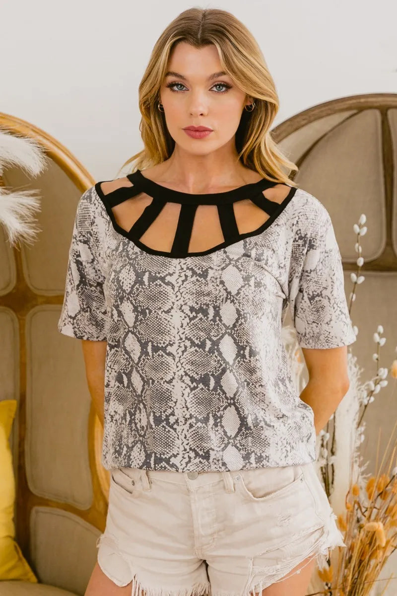 BiBi Snake Skin Print Top with Contrast Caged Neck Carauana Store