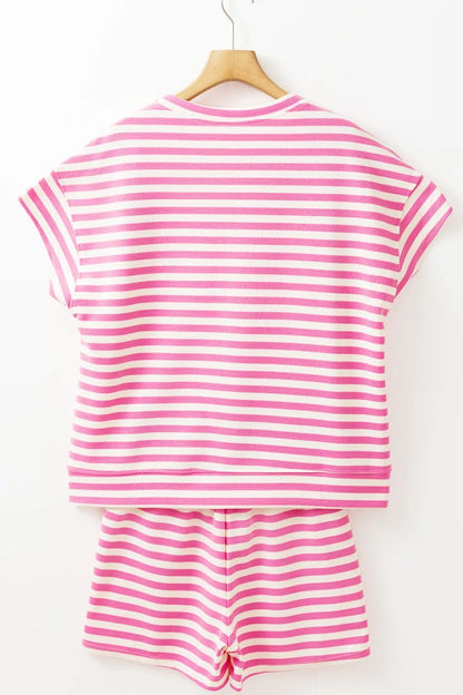 Striped Round Neck T-Shirt and Drawstring Shorts Set Carauana Store