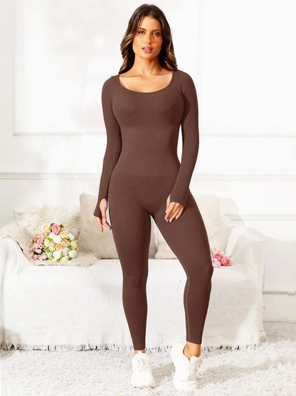 Scoop Neck Long Sleeve Active Jumpsuit CaRaUaNa Fashion