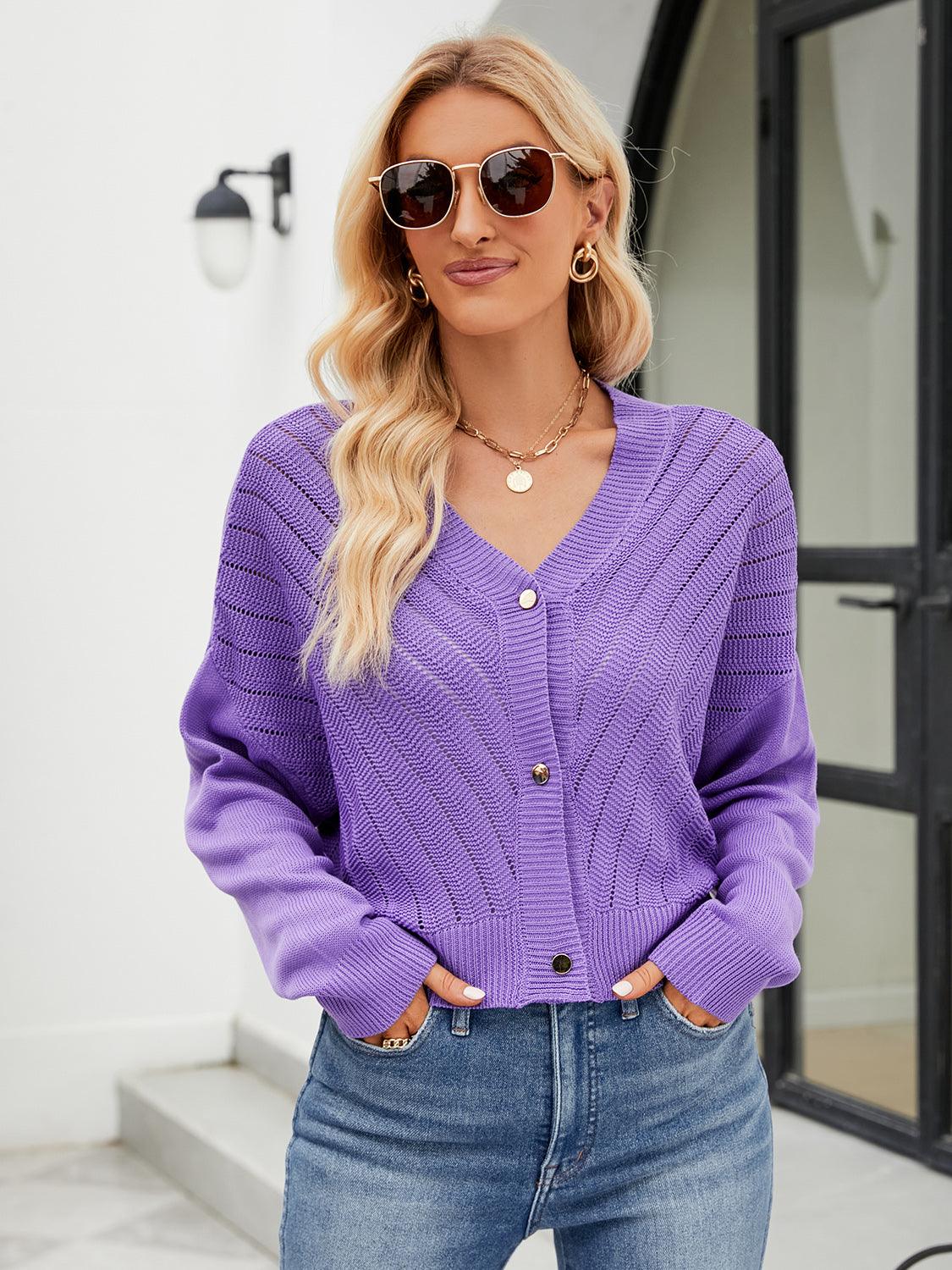 Eyelet Button Front Long Sleeve Cardigan Carauana Store