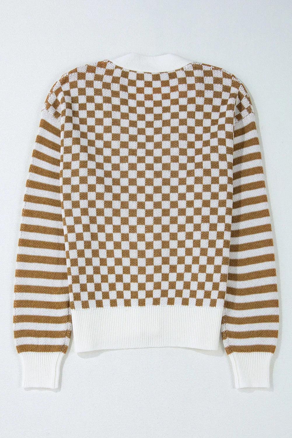 Checkered V-Neck Long Sleeve Cardigan Carauana Store