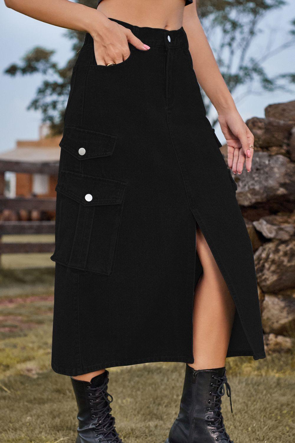Slit Front Midi Denim Skirt with Pockets Carauana Store