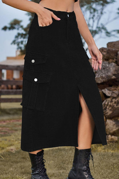 Slit Front Midi Denim Skirt with Pockets Carauana Store