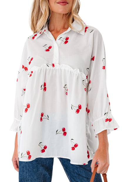 White Cherry Print Flounce Sleeve Collared Frilled Babydoll Blouse