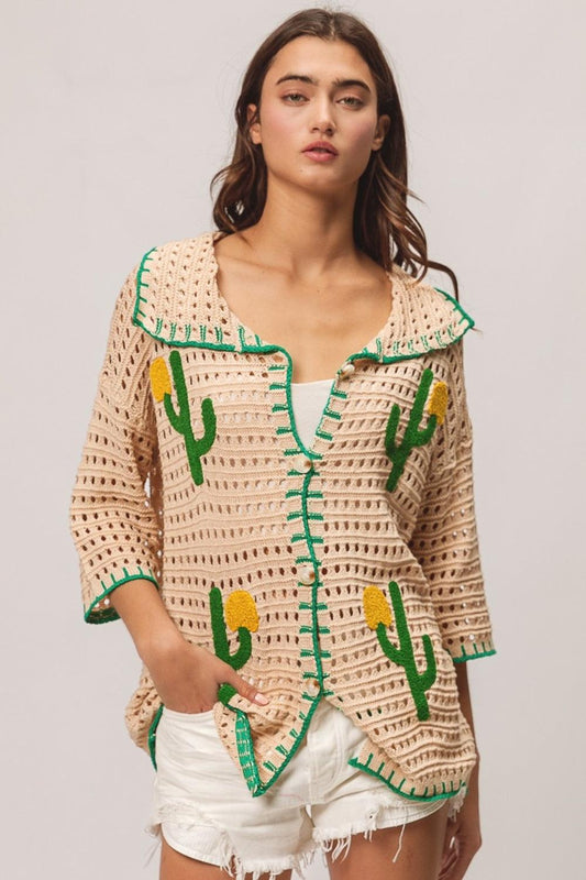 BiBi Edge Stitched Cactus Patch Sweater Cardigan Carauana Store