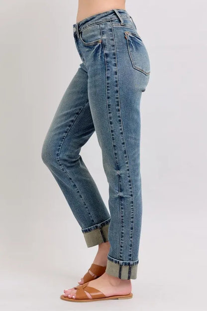 Judy Blue Full Size Mid Rise Vintage Wash Double Roll Cuff Boyfriend Jeans Plus Size Carauana Store