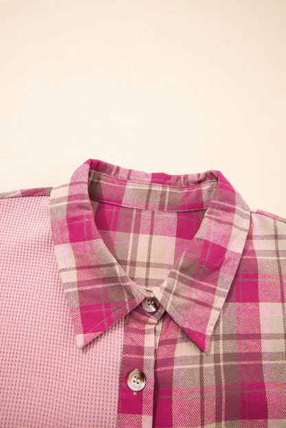 Pink Waffle Patch Pocket Plaid Patchwork Plus Size Shirt
