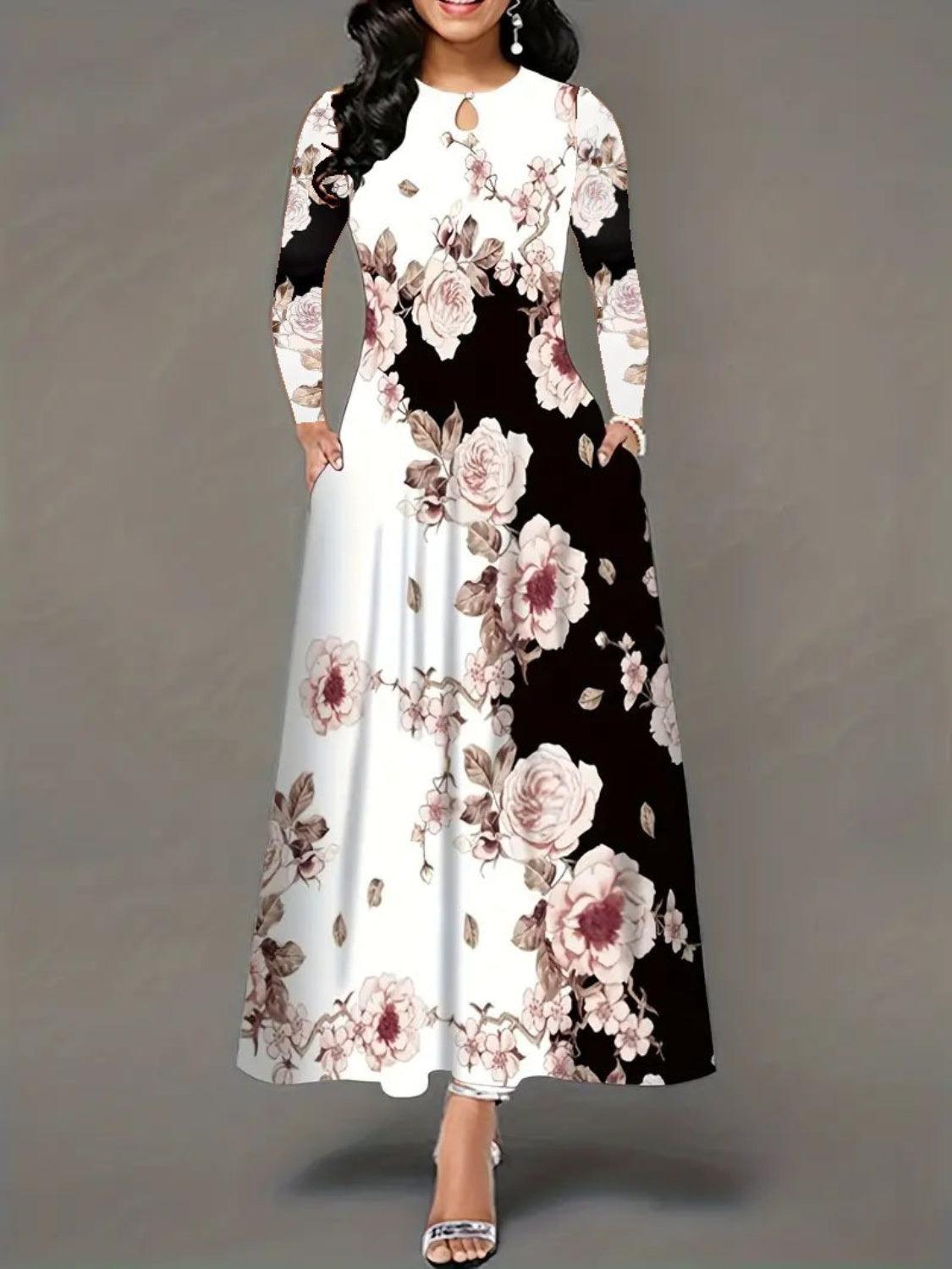 Pocketed Printed Long Sleeve Dress Carauana Store