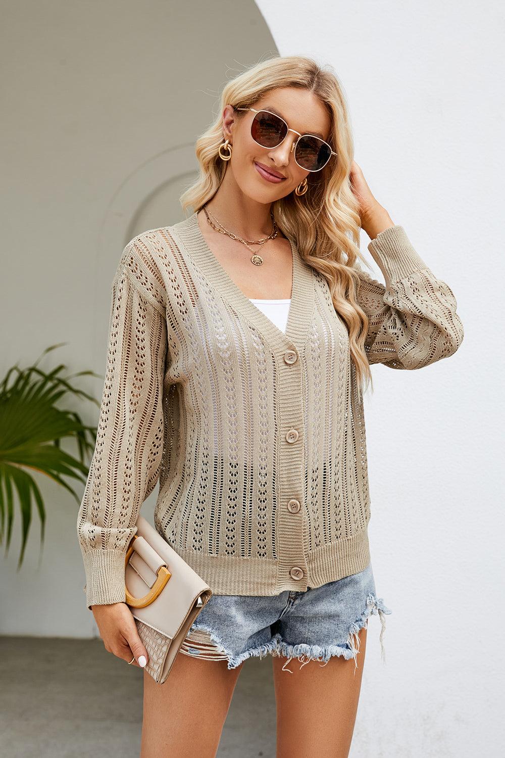 Openwork Button Front V-Neck Cardigan Carauana Store