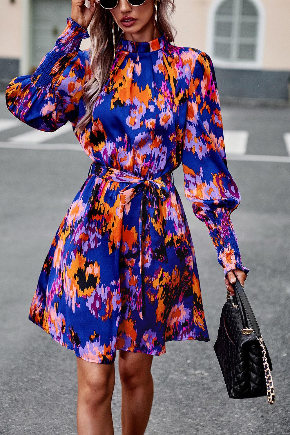 Printed Tie Waist Mock Neck Lantern Sleeve Dress Carauana Store