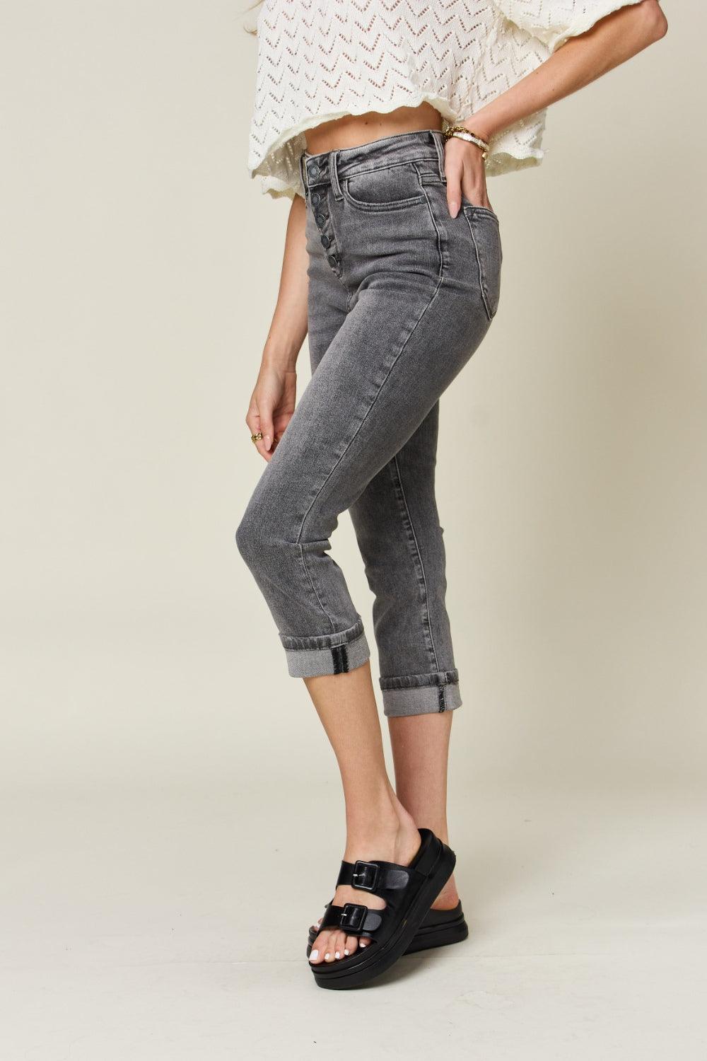 Judy Blue Full Size Button Fly High Waist Cuffed Capris Carauana Store