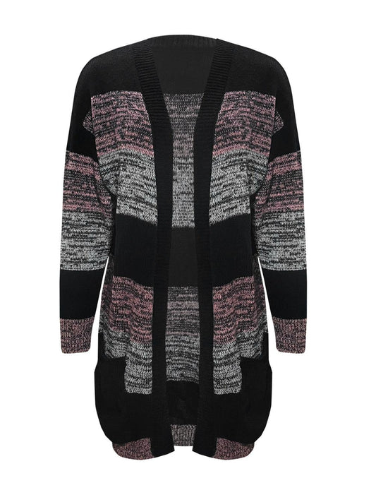 Striped Open Front Long Sleeve Cardigan with Pockets Carauana Store