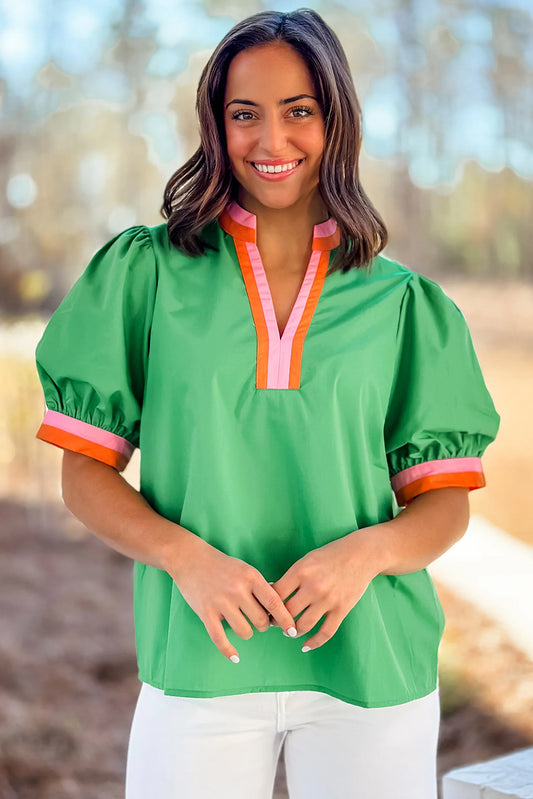 Bright Green Contrast Striped V Neck Collision Short Puff Sleeve Blouse