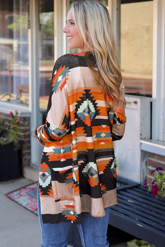 Geometric Open Front Long Sleeve Cardigan with Pockets Carauana Store