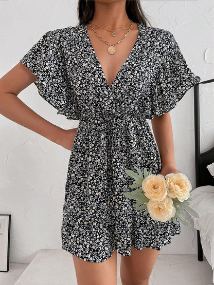 Cutout Ditsy Floral Surplice Flounce Sleeve Dress Carauana Store