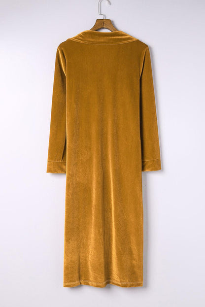 Collared Neck Longline Velvet Cardigan with Pockets Carauana Store