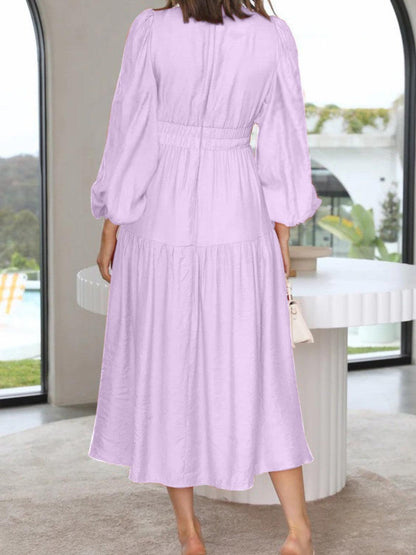 Deep V-Neck Balloon Sleeve Plain Maxi Dress Carauana Store