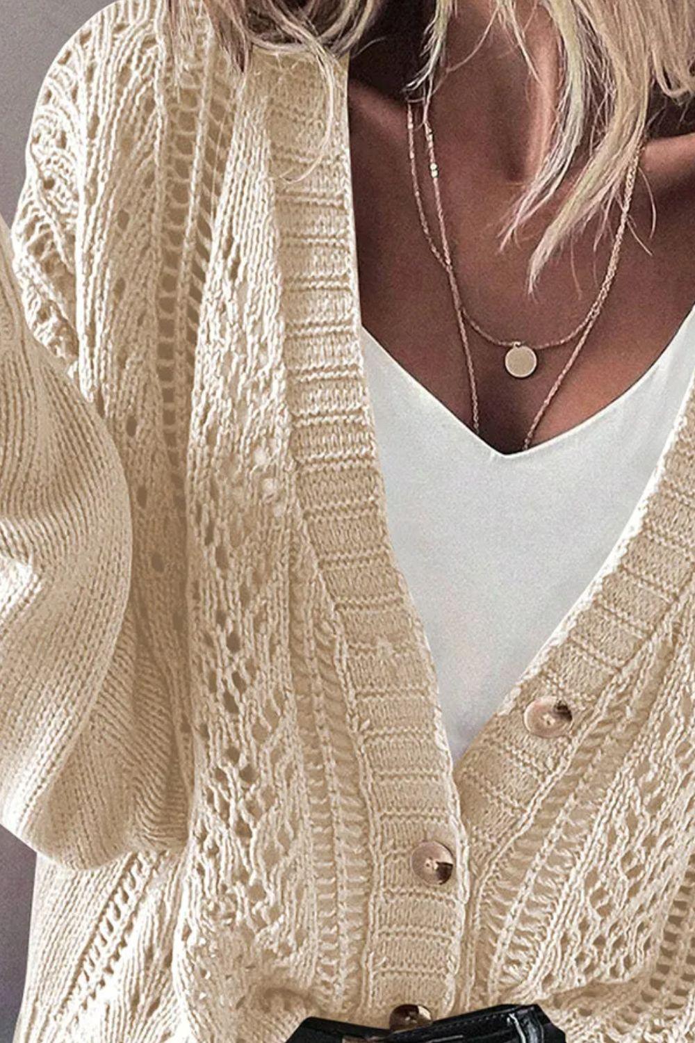 Openwork Button Up Long Sleeve Cardigan Carauana Store