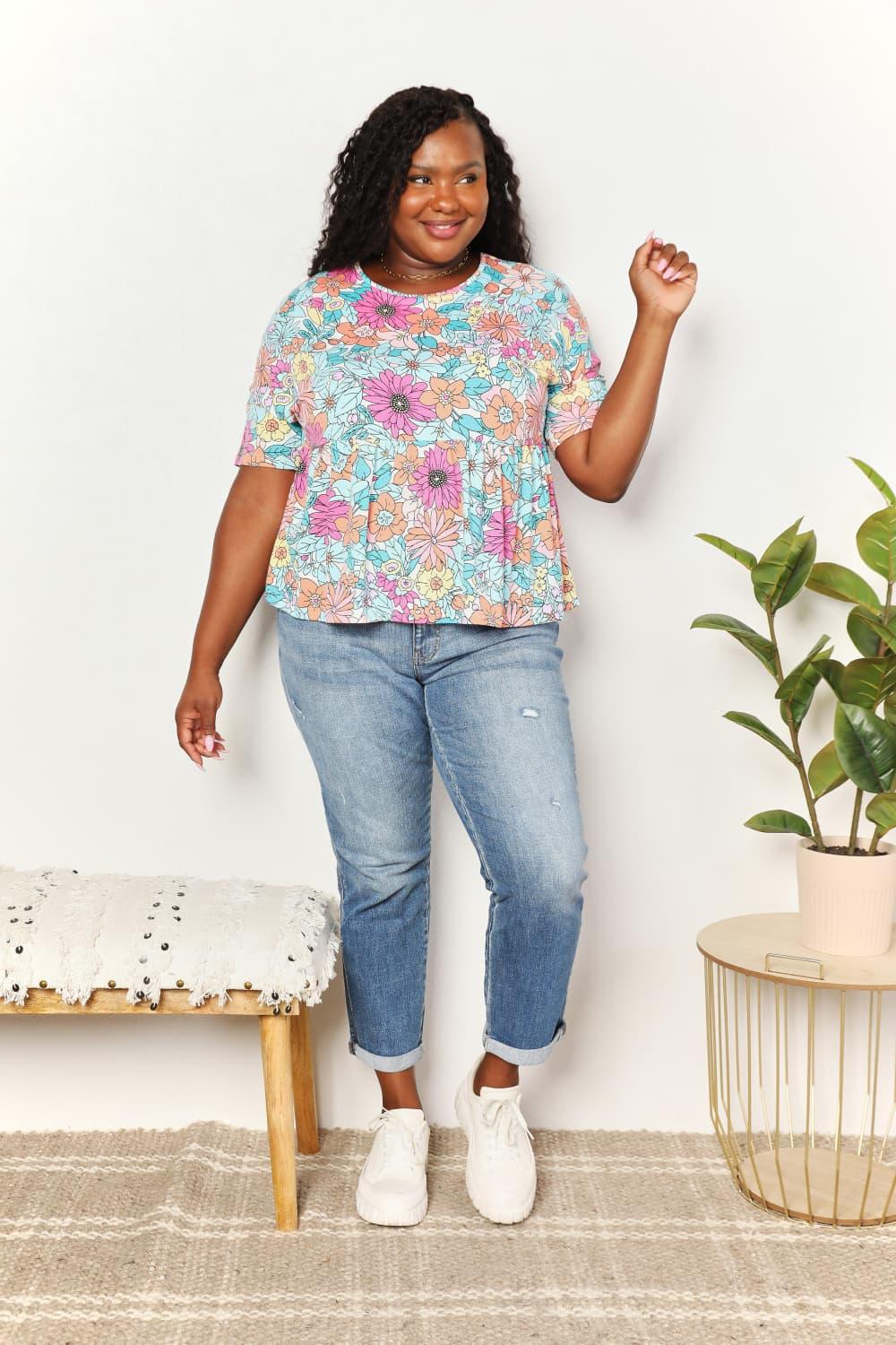 Double Take Floral Round Neck Babydoll Top Carauana Store