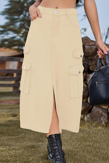 Slit Front Midi Denim Skirt with Pockets Carauana Store