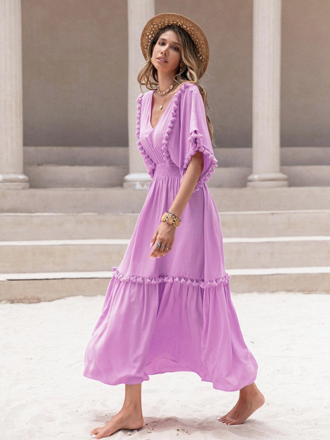 Tassel Trim Smocked V-Neck Short Sleeve Dress Carauana Store