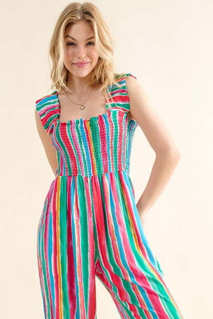 And The Why Full Size Striped Smocked Sleeveless Jumpsuit Carauana Store