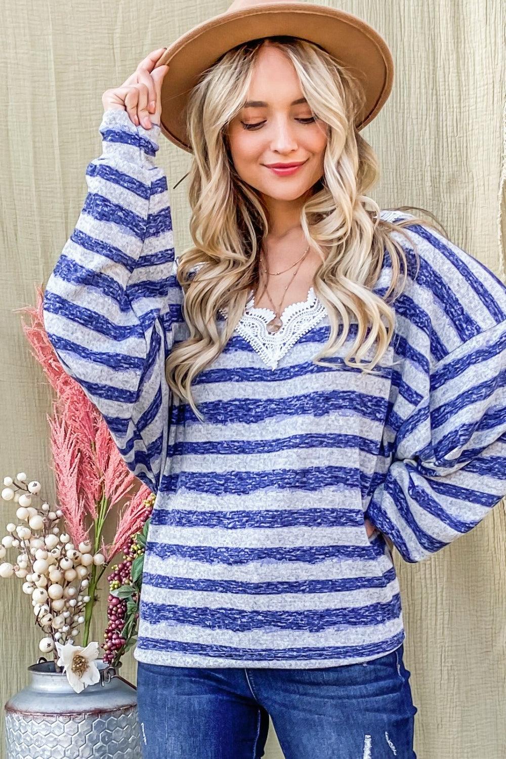 And The Why Striped Lace Detail V Neck Top Carauana Store