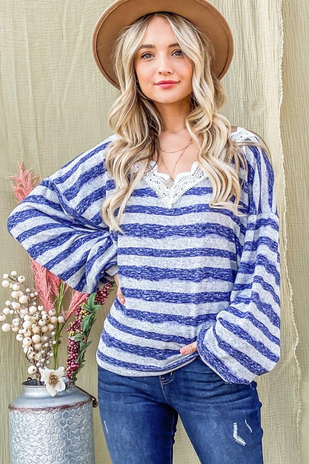 And The Why Striped Lace Detail V Neck Top Carauana Store