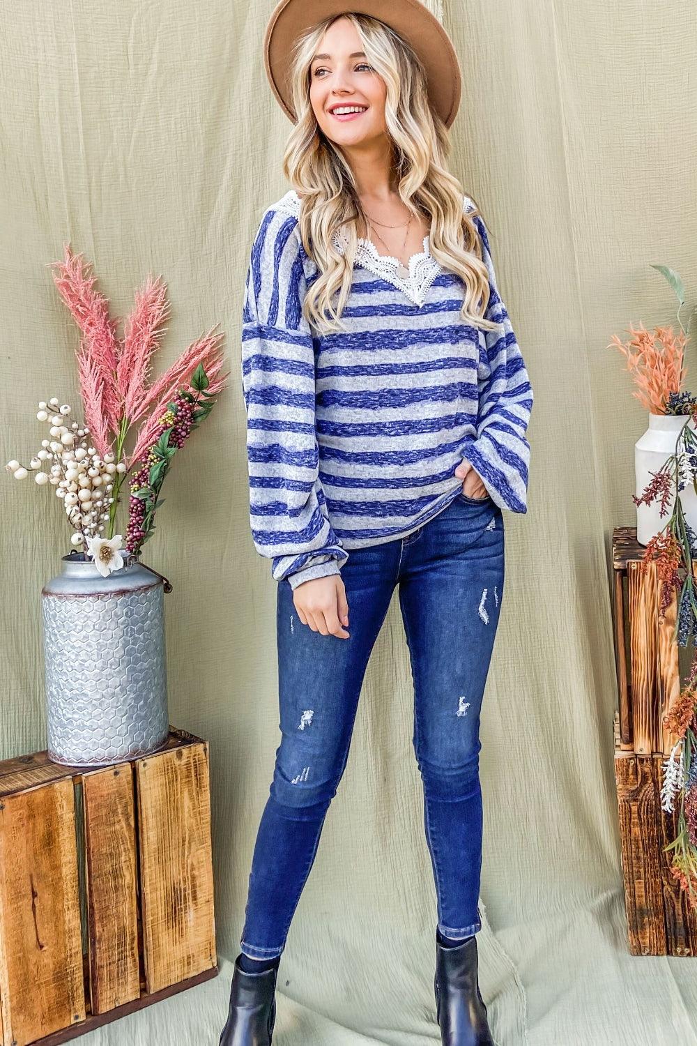 And The Why Striped Lace Detail V Neck Top Carauana Store
