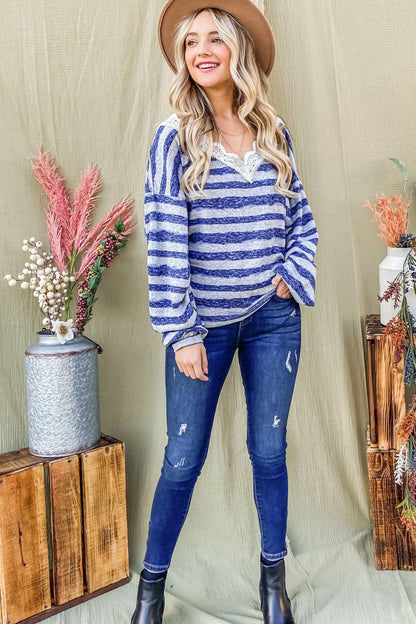 And The Why Striped Lace Detail V Neck Top Carauana Store
