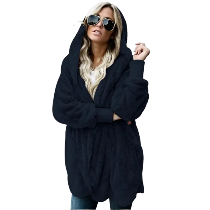 Woman wearing a blue hoodie on a white background