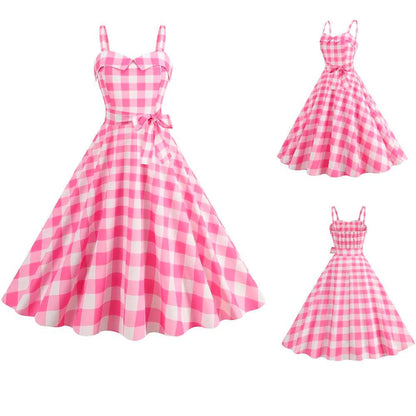Barbie pink Dress - with a pink plaid pattern 2023 - trendy Strapless Cocktail Rockabilly Party Swing Sweet Girls for cocktail parties and rockabilly events Carauana Store