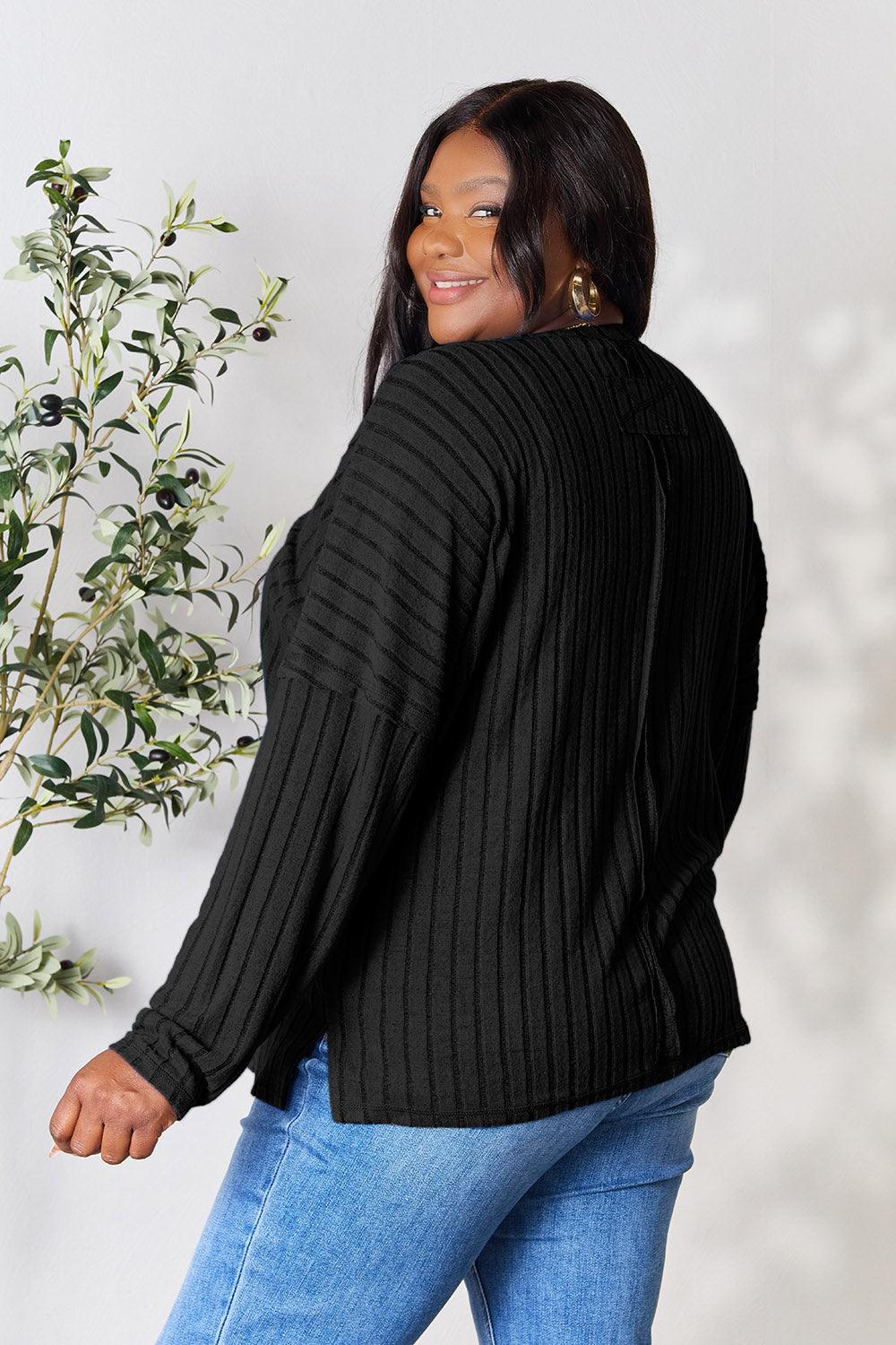 Basic Bae Full Size Ribbed Round Neck Slit Knit Top Carauana Store