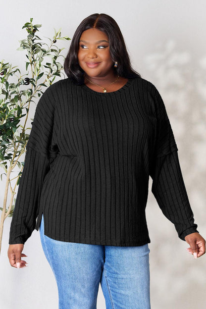 Basic Bae Full Size Ribbed Round Neck Slit Knit Top Carauana Store